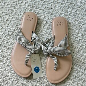 A New Day Tan Sandals with Black and White Striped Bow